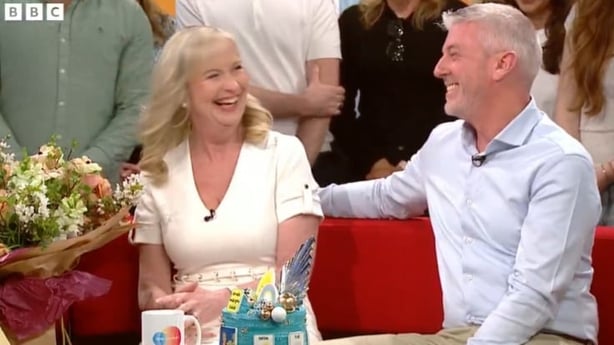 Carol Kirkwood signs off on her last day on BBC Breakfast, joined by her husband, Steve Randall