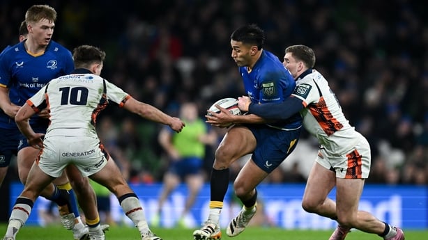 31 January 2026; Rieko Ioane of Leinster is tackled by James Lang of Edinburgh during the United Rugby Championship match between Leinster and Edinburgh at the Aviva Stadium in Dublin. Photo by Seb Daly/Sportsfile
