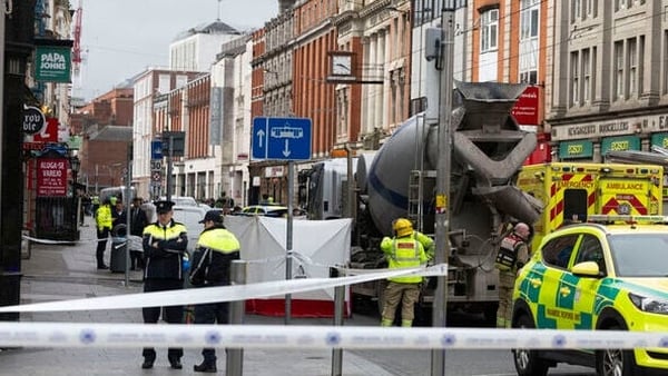 Emergency Services at a traffic incident involving a Cement mixer on Middle Abbey St, Dublin