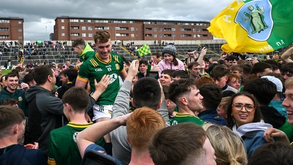 Ruairí Kinsella of Meath celebrates after the Leinster GAA Football Senior Championship semi-final match between Dublin and Meath at Laois Hire O'Moore Park in Portlaoise, Laois.