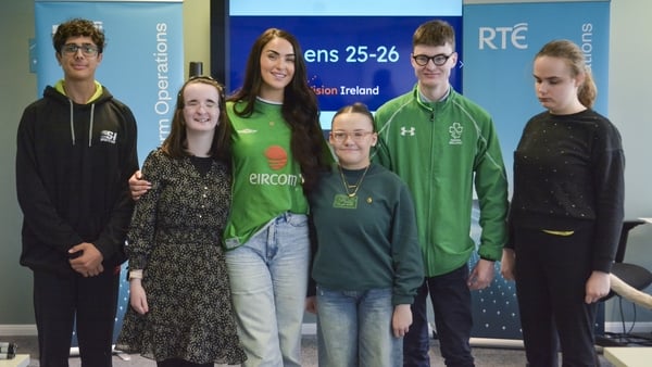 2fm host Laura Fox with TY students at RTÉ taking part in Vision Ireland's TY LENS programme