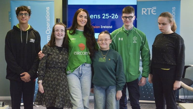 2fm host Laura Fox with TY students at RTÉ taking part in Vision Ireland's TY LENS programme