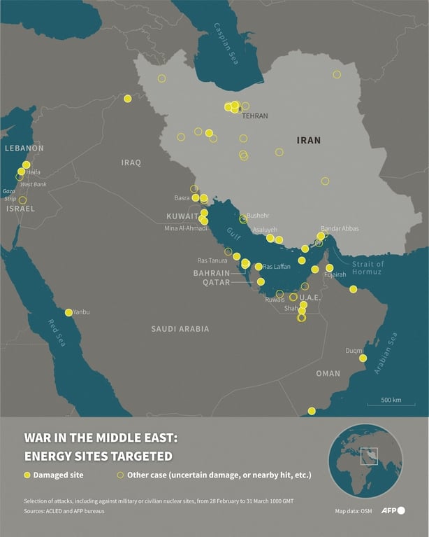 a map showing the main energy sites (oil depots, refineries, fields, etc.) attacked since the beginning of the war in the Middle East on February 28 to March 31 - GETTY