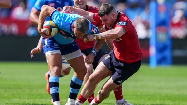28 March 2026; Willie le Roux of Vodacom Bulls is tackled by Calvin Nash of Munster during the United Rugby Championship match between Vodacom Bulls and Munster at Loftus Versfeld Stadium in Pretoria, South Africa. Photo by Nic Bothma/Sportsfile