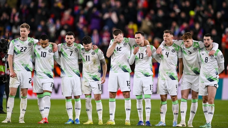 Republic of Ireland players react during the penalty shootout following the FIFA World Cup 2026 European Qualifiers play-off semi-final match between Czechia and Republic of Ireland at Fortuna Arena in Prague, Czechia.