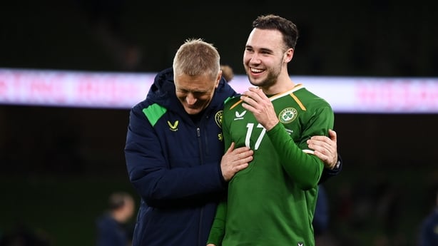 Republic of Ireland head coach Heimir Hallgrimsson, left, and Harvey Vale after the international friendly match between Republic of Ireland and North Macedonia at Aviva Stadium in Dublin.