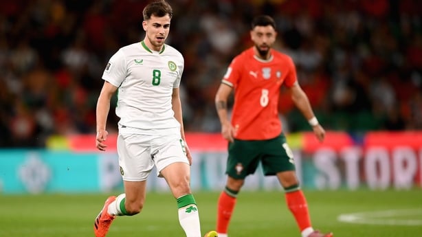 Jayson Molumby of Republic of Ireland during the FIFA World Cup 2026 Group F qualifying match between Portugal and Republic of Ireland at Estádio José Alvalade in Lisbon, Portugal.