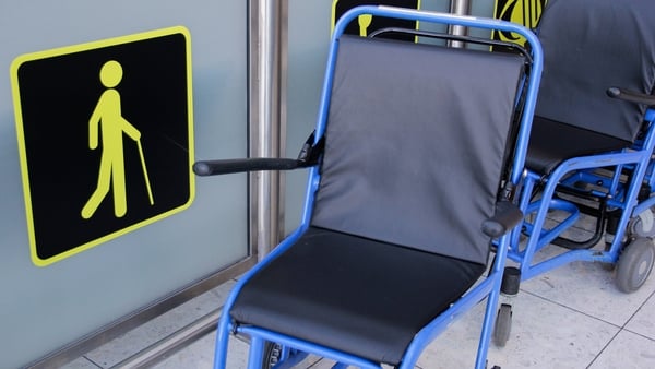 Wheelchairs in an airport for use by people with disabilities
