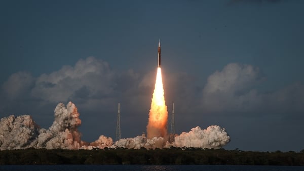 NASA's Artemis II Space Launch System rocket carrying the Orion spacecraft lifts off from Launch Complex at the Kennedy Space Center in Cape Canaveral, Florida.