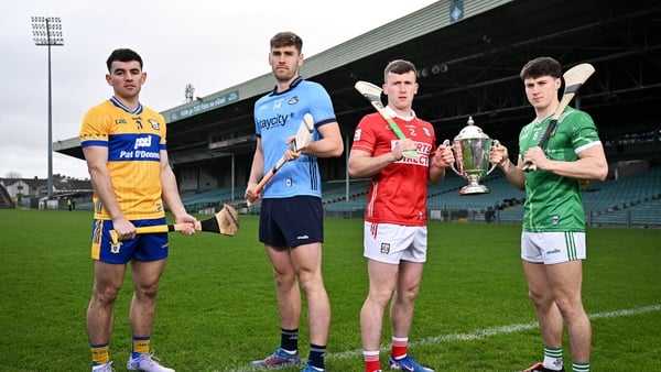 30 March 2026; In attendance during a Allianz National Hurling League Finals media event are, from left, Clare hurler Mark Rodgers, Dublin hurler Ronan Hayes, Cork hurler Niall O'Leary and Limerick hurler Adam English at TUS Gaelic Grounds & Woodfield Hou