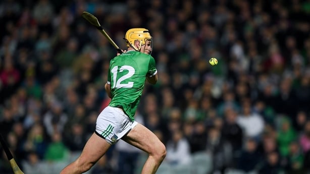 21 March 2026; Cathal O'Neill of Limerick shoots to score his side's first goal during the Allianz Hurling League Division 1A match between Limerick and Galway at TUS Gaelic Grounds in Limerick. Photo by John Sheridan/Sportsfile