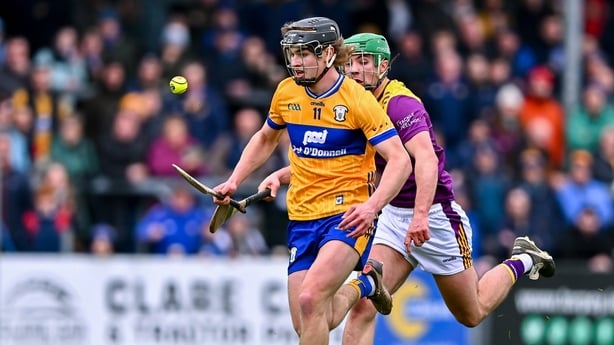 8 March 2026; Diarmuid Stritch of Clare in action against Richie Lawlor of Wexford during the Allianz Hurling League Division 1B match between Clare and Wexford at Zimmer Biomet Páirc Chíosóg in Ennis, Clare. Photo by Piaras Ó Mídheach/Sportsfile