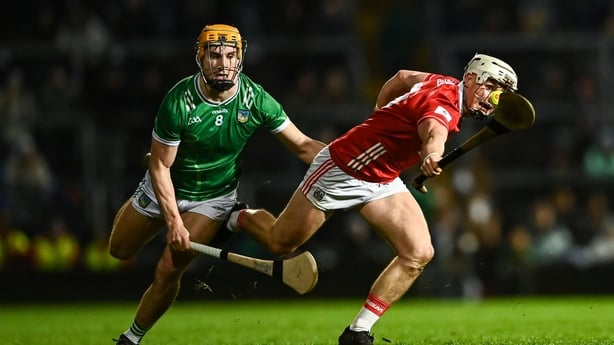 7 March 2026; Tommy O'Connell of Cork is tackled by Adam English of Limerick during the Allianz Hurling League Division 1A match between Limerick and Cork at TUS Gaelic Grounds in Limerick. Photo by Tom Beary/Sportsfile