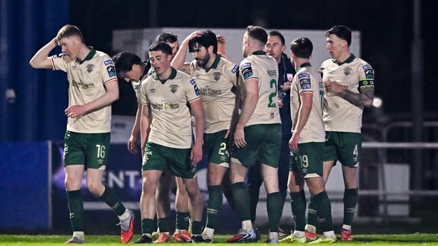 20 March 2026; Luke Turner of St Patrick's Athletic, centre, celebrates with team-mates after scoring their side's second goal during the SSE Airtricity Men's Premier Division match between Waterford and St Patrick's Athletic at the Regional Sports Centre in Waterford. Photo by Piaras Ó Mídheach/Spo