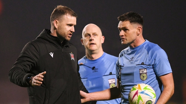 20 March 2026; Referee Rob Hennessy and Dundalk manager Ciaran Kilduff at half-time of the SSE Airtricity Men's Premier Division match between Bohemians and Dundalk at Dalymount Park in Dublin. Photo by Stephen McCarthy/Sportsfile