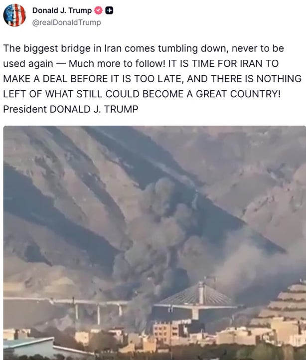 Screengrab of Donald Trump Truth Social post of attack on B1 bridge in Karaj, Iran