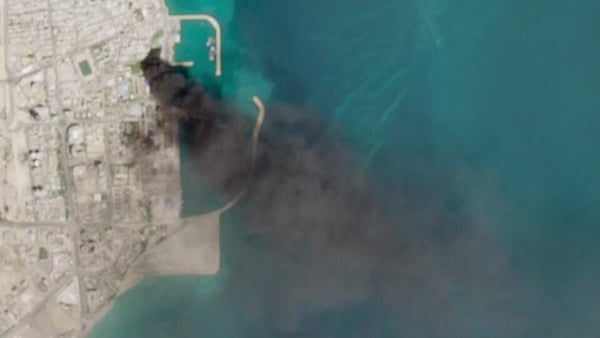 Satellite imaging from the European Union/Copernicus Sentinel-2 showed smoke rising from the port in Qeshm, Iran
