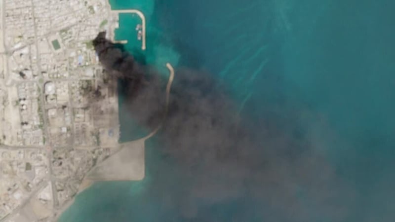 Satellite imaging from the European Union/Copernicus Sentinel-2 showed smoke rising from the port in Qeshm, Iran