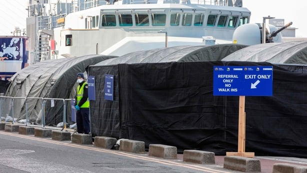 A picture shows the coronavirus COVID-19 testing centre set up at the Irish Naval Service LE Samuel Becket 