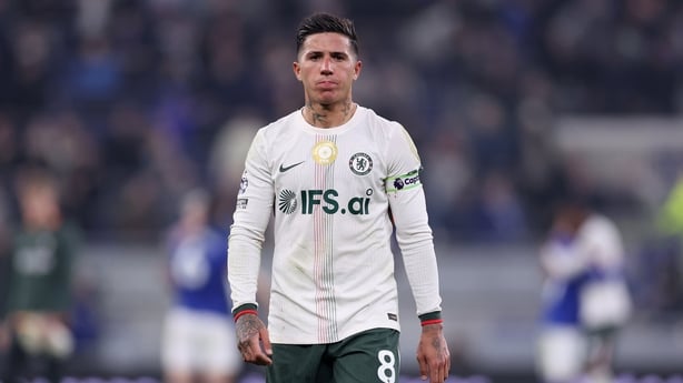 Enzo Fernandez of Chelsea reacts after the team's defeat in the Premier League match between Everton and Chelsea at Hill Dickinson Stadium on March 21, 2026 in Liverpool, England. (Photo by Alex Livesey/Getty Images)