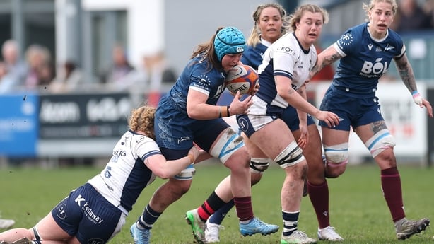 SALFORD, ENGLAND - MARCH 22: Brittany Hogan of Sale Sharks is tackled by Delaney Burns of Bristol Bears during the Premiership Women's Rugby match between Sale Sharks and Bristol Bears at Morson Stadium on March 22, 2026 in Salford, England. (Photo by Jan Kruger/Getty Images for Sale Sharks)