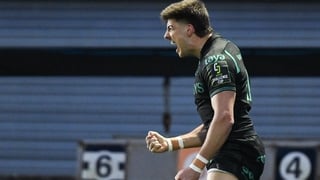 3 April 2026; Chay Mullins of Connacht celebrates after scoring his side's first try during the EPCR Challenge Cup match between Connacht and Hollywoodbets Sharks at Dexcom Stadium in Galway. Photo by Brendan Moran/Sportsfile