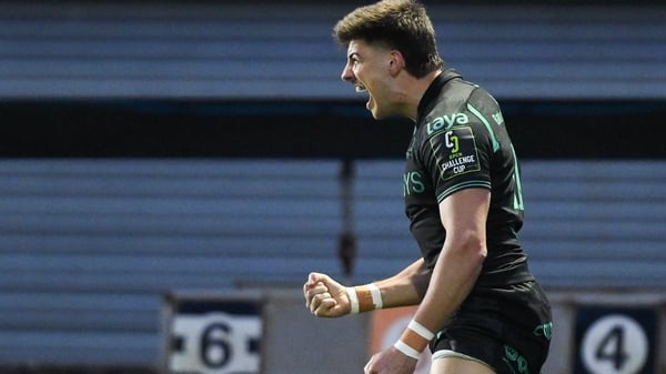 3 April 2026; Chay Mullins of Connacht celebrates after scoring his side's first try during the EPCR Challenge Cup match between Connacht and Hollywoodbets Sharks at Dexcom Stadium in Galway. Photo by Brendan Moran/Sportsfile
