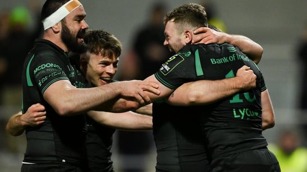 3 April 2026; Cathal Forde of Connacht, right, celebrates with teammates after scoring their side's fourth try during the EPCR Challenge Cup match between Connacht and Hollywoodbets Sharks at Dexcom Stadium in Galway. Photo by Brendan Moran/Sportsfile