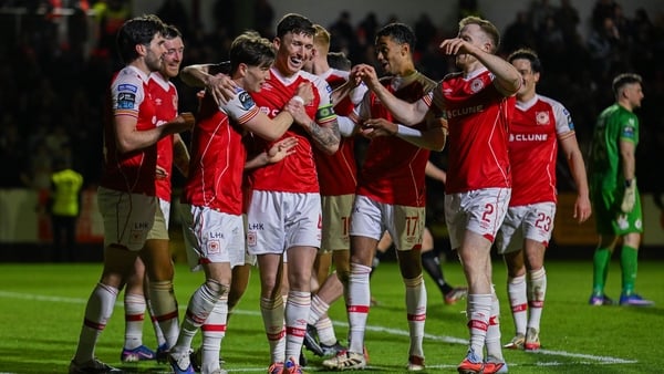 3 April 2026; Anto Breslin of St Patrick's Athletic celebrates with his team after scoring his side's first goal during the SSE Airtricity Men's Premier Division match between St Patrick's Athletic and Sligo Rovers at Richmond Park in Dublin. Photo by Pau