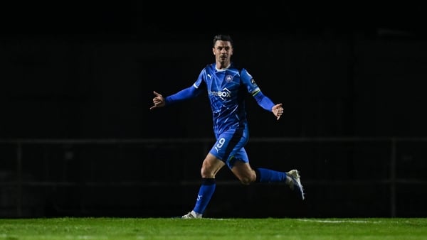 3 April 2026; Pádraig Amond of Waterford celebrates after scoring his side's first goal during the SSE Airtricity Men's Premier Division match between Waterford and Shamrock Rovers at the RSC in Waterford. Photo by Seb Daly/Sportsfile