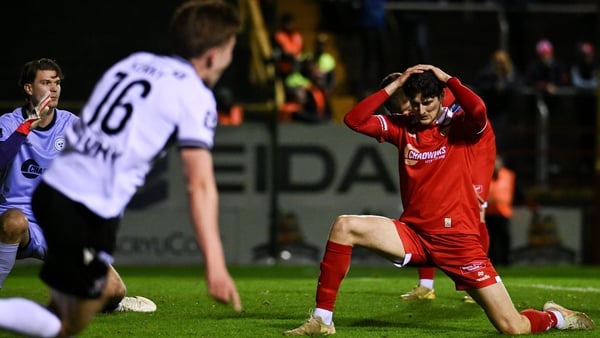 3 April 2026; Zeno Ibsen Rossi of Shelbourne reacts after scoring an own goal during the SSE Airtricity Men's Premier Division match between Shelbourne and Dundalk at Tolka Park in Dublin. Photo by David Fitzgerald/Sportsfile