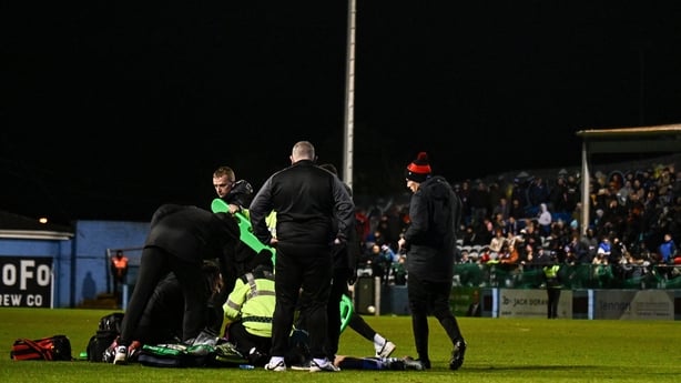 3 April 2026; Shane Farrell of Drogheda United receives medical attention during the SSE Airtricity Men's Premier Division match between Drogheda United and Bohemians at Sullivan & Lambe Park in Drogheda, Louth. Photo by Ben McShane/Sportsfile