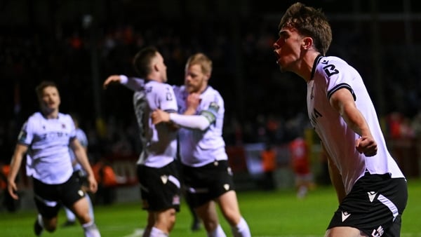 3 April 2026; Eoin Kenny of Dundalk celebrates after setting up his side's third goal, an own goal by Zeno Ibsen Rossi of Shelbourne during the SSE Airtricity Men's Premier Division match between Shelbourne and Dundalk at Tolka Park in Dublin. Photo by Da