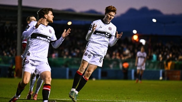 3 April 2026; Senan Mullen of Bohemians reacts after a missed opportunity on goal during the SSE Airtricity Men's Premier Division match between Drogheda United and Bohemians at Sullivan & Lambe Park in Drogheda, Louth. Photo by Ben McShane/Sportsfile