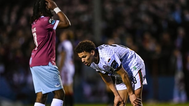 3 April 2026; Zane Myers of Bohemians, right, and Thomas Oluwa of Drogheda United react at the final whitle of the SSE Airtricity Men's Premier Division match between Drogheda United and Bohemians at Sullivan & Lambe Park in Drogheda, Louth. Photo by Ben McShane/Sportsfile