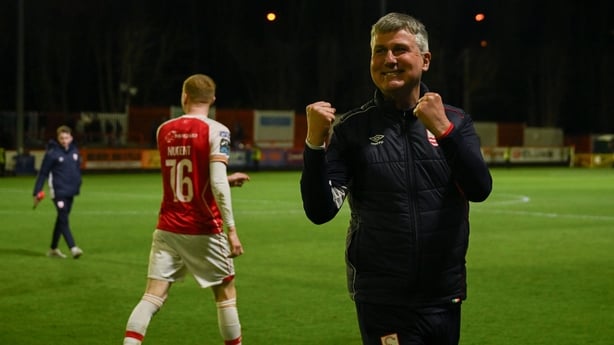 3 April 2026; St Patrick's Athletic manager Stephen Kennycelebrates after the SSE Airtricity Men's Premier Division match between St Patrick's Athletic and Sligo Rovers at Richmond Park in Dublin. Photo by Paul Phelan/Sportsfile