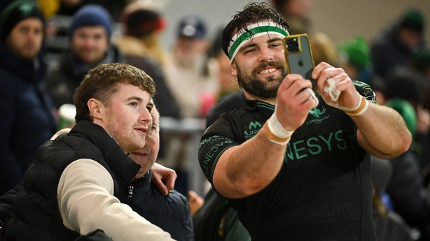 3 April 2026; Shamus Hurley-Langton of Connacht takes a selfie with supporters after the EPCR Challenge Cup match between Connacht and Hollywoodbets Sharks at Dexcom Stadium in Galway. Photo by Brendan Moran/Sportsfile