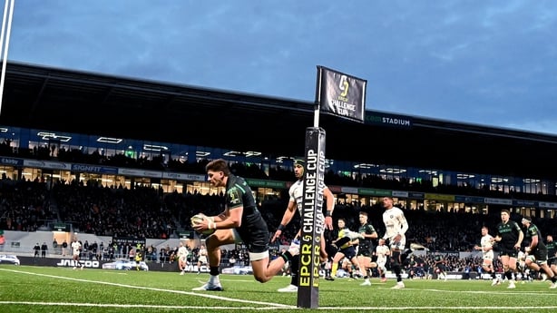 3 April 2026; Chay Mullins of Connacht scores his side's first try during the EPCR Challenge Cup match between Connacht and Hollywoodbets Sharks at Dexcom Stadium in Galway. Photo by Brendan Moran/Sportsfile