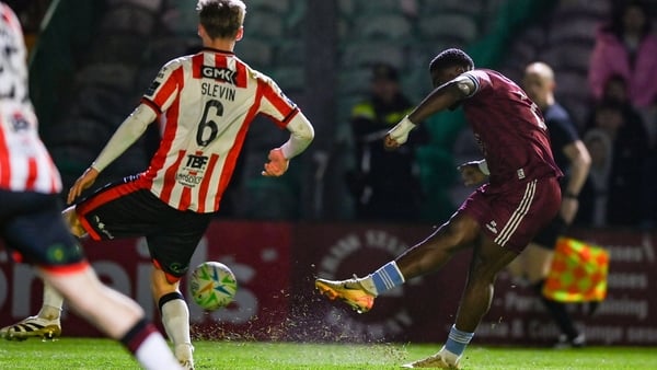 3 April 2026; Frantz Pierrot of Galway United shoots to score his side's second goal during the SSE Airtricity Men's Premier Division match between Galway United and Derry City at Eamonn Deacy Park in Galway. Photo by Stephen McCarthy/Sportsfile
