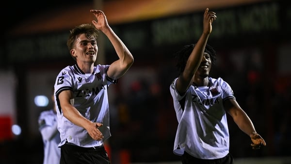 3 April 2026; Eoin Kenny, left, and Gbemi Arubi of Dundalk celebrate after the SSE Airtricity Men's Premier Division match between Shelbourne and Dundalk at Tolka Park in Dublin. Photo by David Fitzgerald/Sportsfile