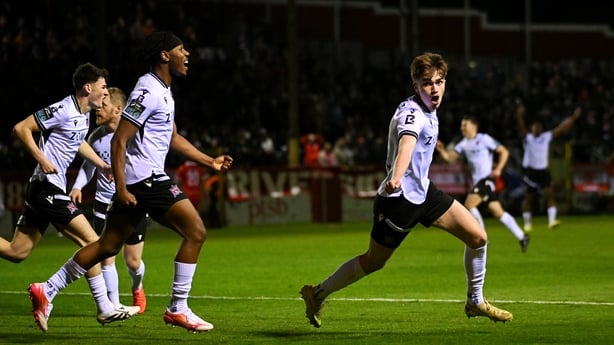 3 April 2026; Eoin Kenny of Dundalk celebrates after setting up his side's third goal, an own goal by Zeno Ibsen Rossi of Shelbourne during the SSE Airtricity Men's Premier Division match between Shelbourne and Dundalk at Tolka Park in Dublin. Photo by David Fitzgerald/Sportsfile