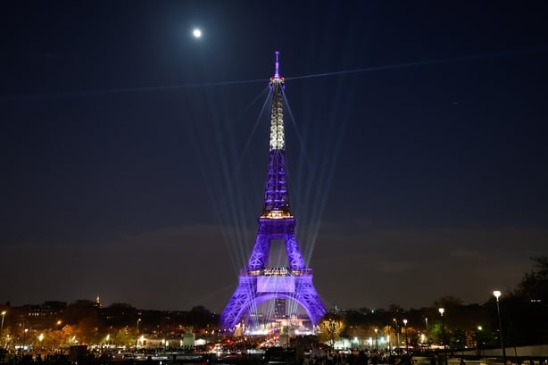 PARIS, FRANCE - MARCH 30: The Eiffel Tower is illuminated for Celine Dion on March 30, 2026 in Paris, France. Celine Dion is expected to perform a number of comeback concerts at Live Nation's La Défense Arena in Paris this Autumn. She will give two concerts each week in September and October at the 