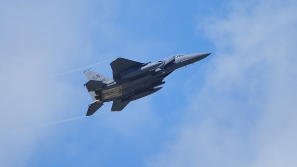 A US Air Force F-15E Strike Eagle aircraft performs a fly past over the Farnborough International Airshow in Hampshire. Picture date: Monday July 22, 2024.