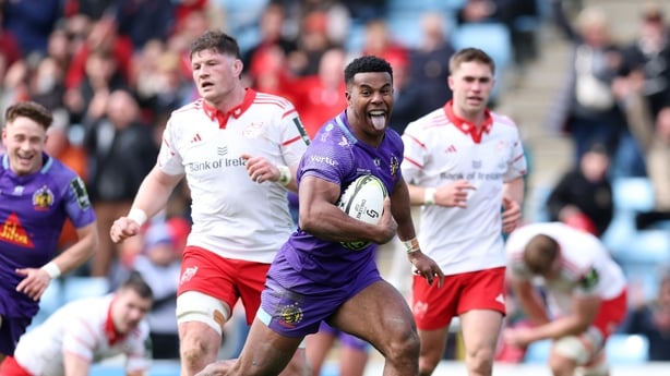 EXETER, ENGLAND - APRIL 04: Immanuel Feyi-Waboso of Exeter Chiefs breaks to score the team's fourth try during the EPCR Challenge Cup match between Exeter Chiefs and Munster Rugby at Sandy Park on April 04, 2026 in Exeter, England. (Photo by Michael Steele/Getty Images)