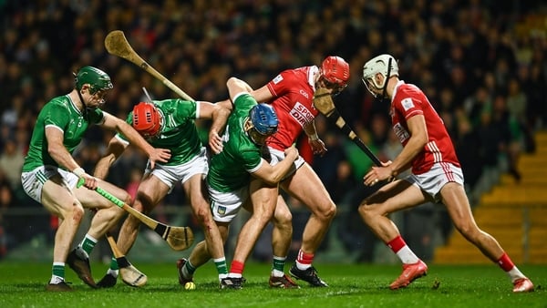 7 March 2026; From left, Adam English, Barry Nash and Mike Casey of Limerick in action against Brian Hayes, left and Alan Walsh of Cork during the Allianz Hurling League Division 1A match between Limerick and Cork at TUS Gaelic Grounds in Limerick. Photo