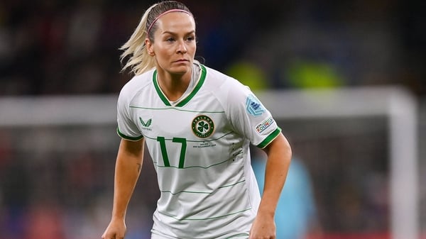 Lily Agg of Republic of Ireland during the UEFA Women's EURO 2025 Play-off Round Two first leg match between Wales and Republic of Ireland at Cardiff City Stadium in Wales