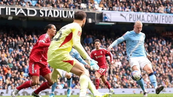 Erling Haaland of Manchester City completes his hat-trick against Liverpool, 2026 FA Cup quarter-final