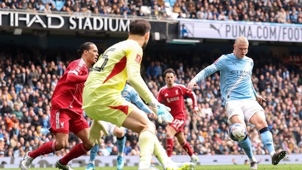 Erling Haaland of Manchester City completes his hat-trick against Liverpool, 2026 FA Cup quarter-final