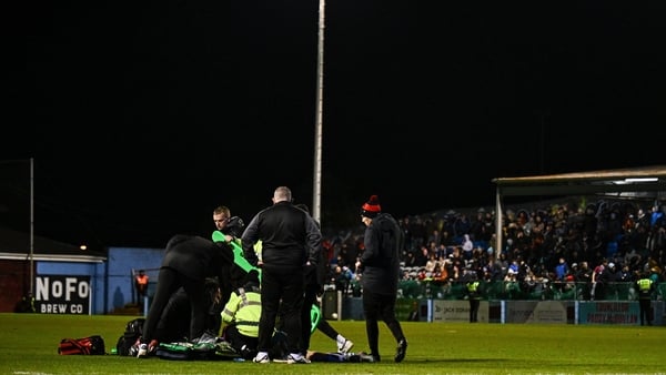 Shane Farrell of Drogheda United receives medical attention during the SSE Airtricity Men's Premier Division match between Drogheda United and Bohemians at Sullivan & Lambe Park