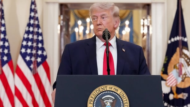 Donald Trump during a prime-time address to the nation in the Cross Hall of the White House
